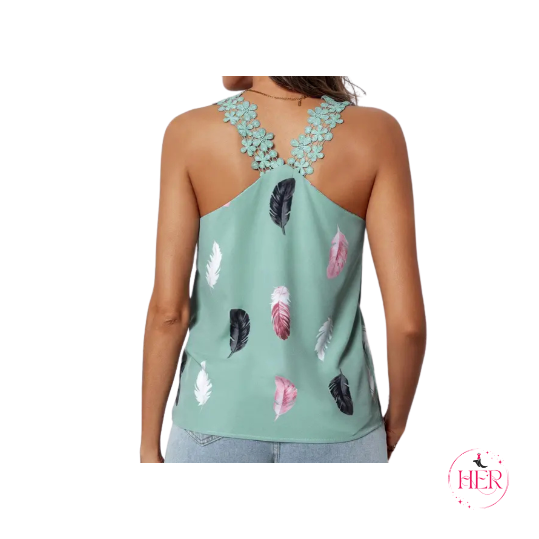 Feather Print Lace Tank Top