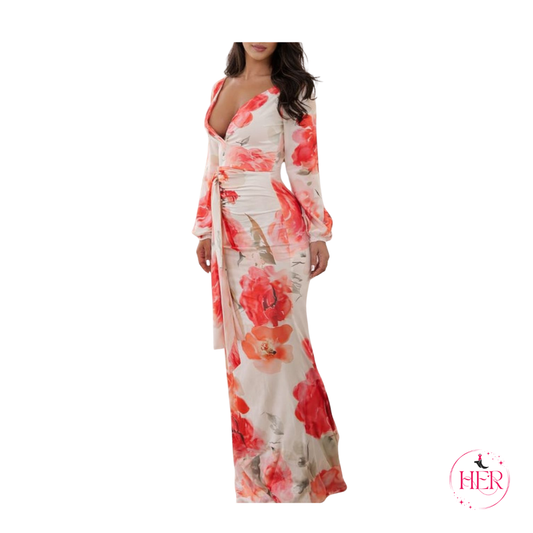 Floral Long Sleeve V Neck Dress